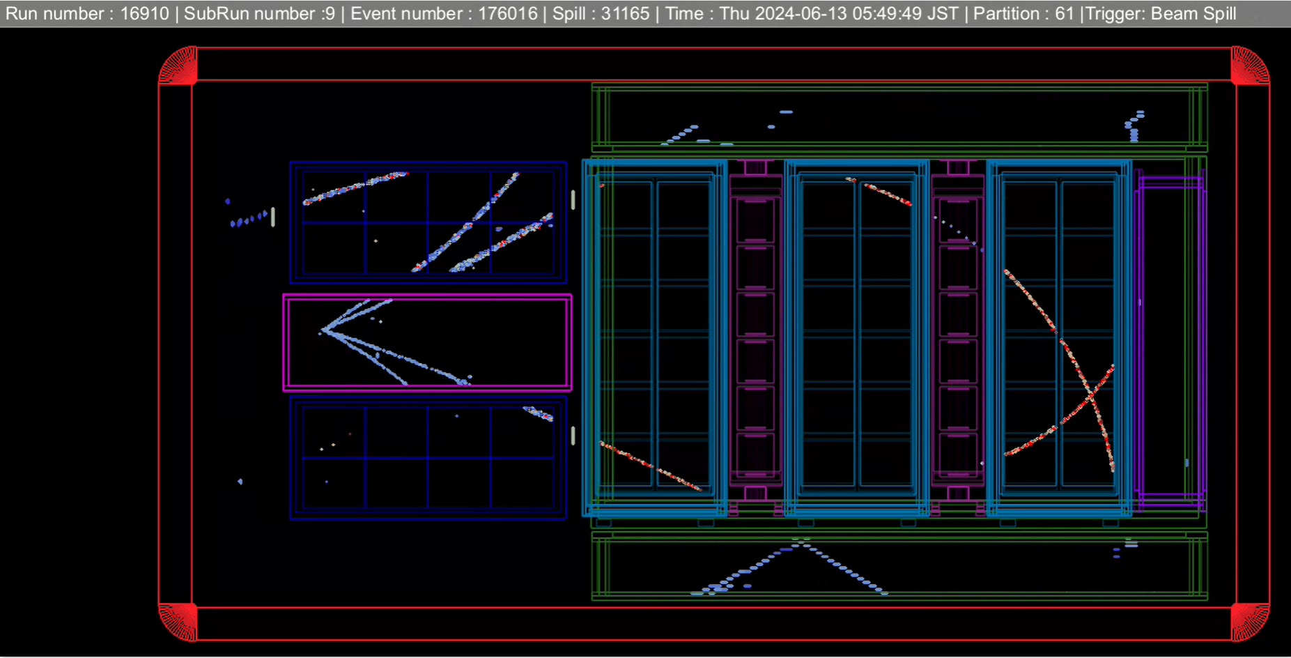 Event display shoing neutrino tracks. Credit: T2K Collaboration