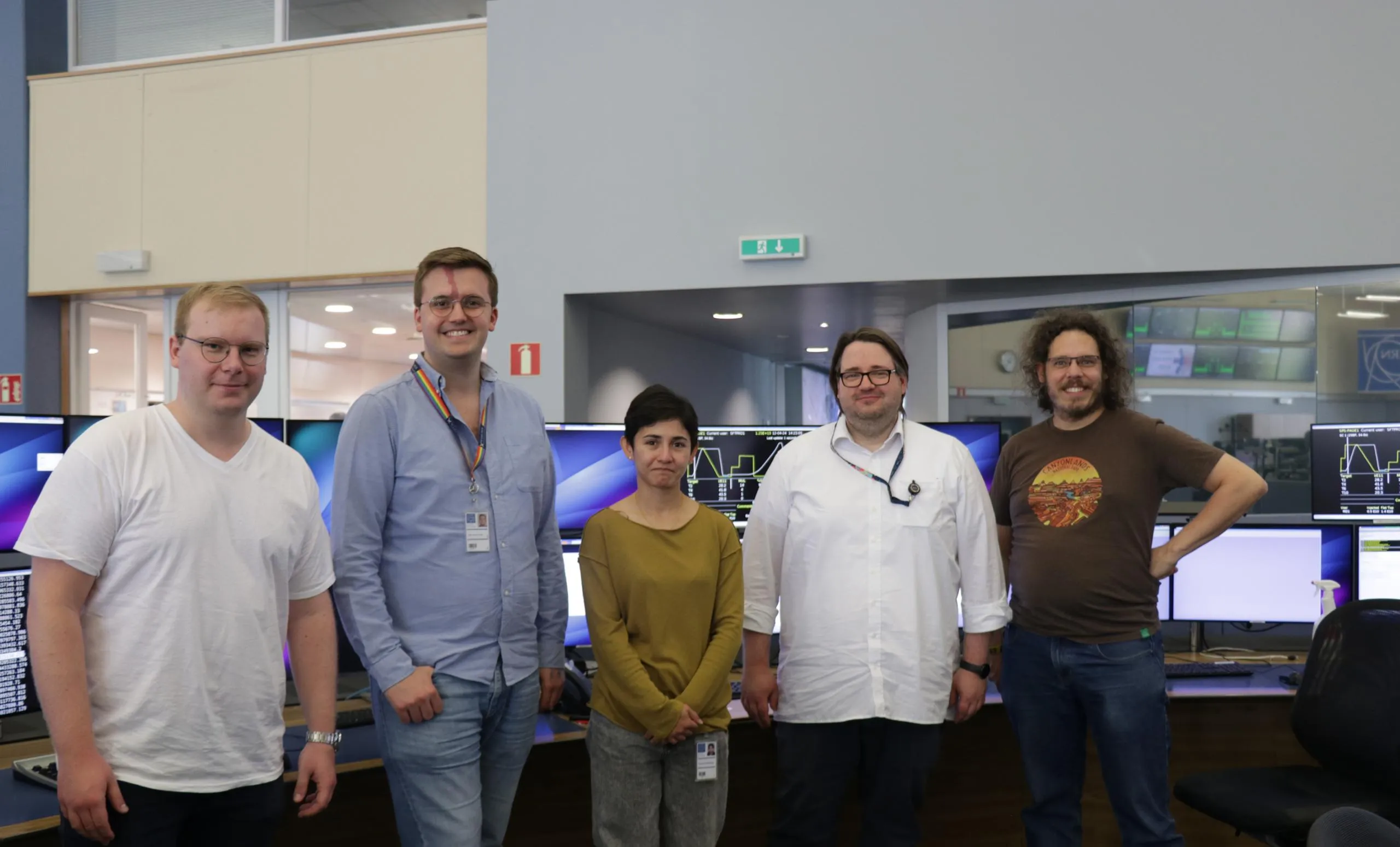The beam physicists who kicked off the physics run on 10 April. Left to right: Fabian Metzger, Luke Dyks, Dipanwita Banerjee, Johannes Bernhard and Maarten van Dijk. Credit: K Bernhard-Novotny
